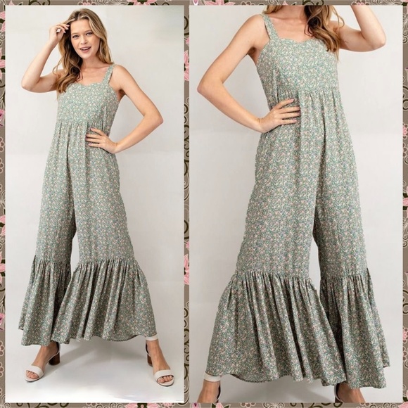 EASEL Smocked Sleeveless Lightweight Ultra Wide Leg Ruffled Hem Jumpsuit Romper - Picture 4 of 14